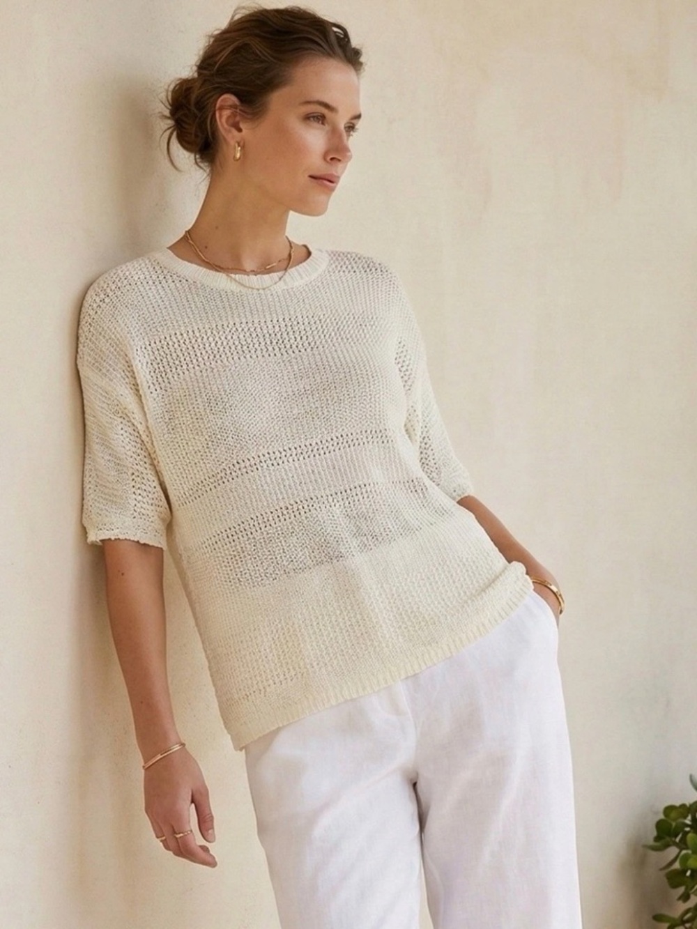 Lafayette 148 NY 100% Hemp Open Knit Sweater Cream Short Sleeve XL EUC